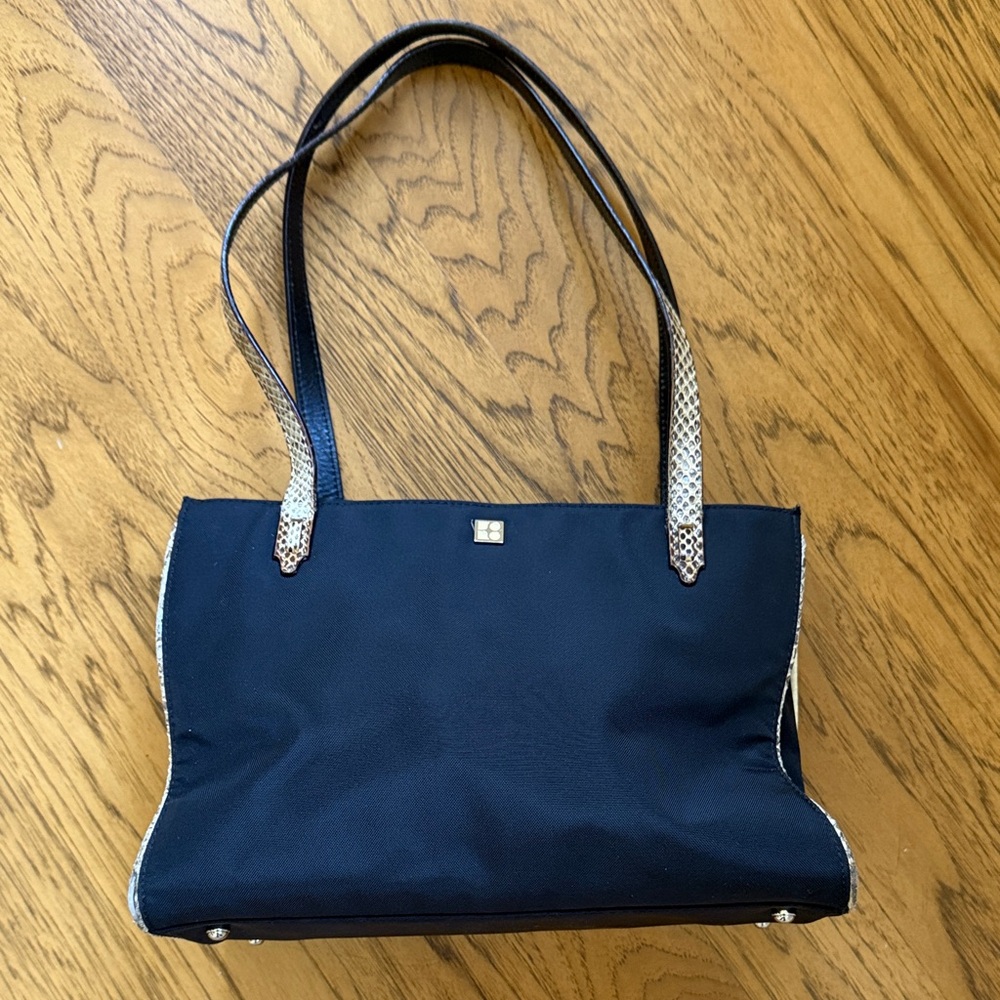 Vintage Kate Spade Classic Black Nylon Tote Bag with Lizard Straps